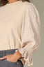 Ecru Three Quarter Puff Smock Flounce Sleeve Round Neck Hook Closure Front Textured Mixed Media Plus Size Knit Top