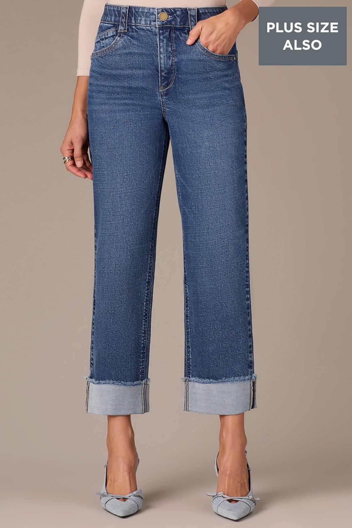 High Rise Clean Finish Fray Cuff Hem Plus Size Boyfriend Jeans