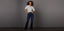 Woman wearing a white short-sleeve top paired with high rise flare jeans, posing confidently against a plain gray background.