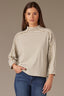 Sage Off White Stripe Three Quarter Dolman Sleeve Mock Neck Stripe Print Hi-Low Hem Knit Top