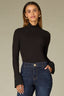Black Long French Cuff Sleeve Mock Neck Ribbed Shirttail Hem Mixed Media Knit Top