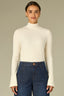Off White Long French Cuff Sleeve Mock Neck Ribbed Shirttail Hem Mixed Media Knit Top