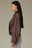 Espresso Long Sleeve Collar Neck Zip Front Drape Back Pleated Hem Silky Woven Bomber Jacket