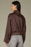 Espresso Long Sleeve Collar Neck Zip Front Drape Back Pleated Hem Silky Woven Bomber Jacket