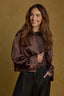 Espresso Long Sleeve Collar Neck Zip Front Drape Back Pleated Hem Silky Woven Bomber Jacket