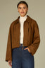 Tobacco Long Sleeve Collar Neck Zip Front Drape Back Pleated Straight Hem Woven Bomber Jacket