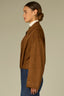 Tobacco Long Sleeve Collar Neck Zip Front Drape Back Pleated Straight Hem Woven Bomber Jacket