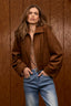 Tobacco Long Sleeve Collar Neck Zip Front Drape Back Pleated Straight Hem Woven Bomber Jacket