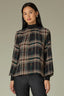 Black Green Multi Long Sleeve Mock Neck Ribbed Banded Edge Back Half Zip Double Layer Shirttail Hem Plaid Print Woven Top