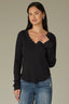 Black Long Shirred Sleeve Deep V-Neck Lace Detail Ribbed Rounded Shirttail Hem Lettuce Edge Knit Top