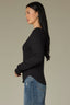 Black Long Shirred Sleeve Deep V-Neck Lace Detail Ribbed Rounded Shirttail Hem Lettuce Edge Knit Top