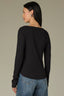 Black Long Shirred Sleeve Deep V-Neck Lace Detail Ribbed Rounded Shirttail Hem Lettuce Edge Knit Top
