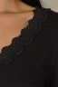 Black Long Shirred Sleeve Deep V-Neck Lace Detail Ribbed Rounded Shirttail Hem Lettuce Edge Knit Top