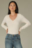 Ecru Long Shirred Sleeve Deep V-Neck Lace Detail Ribbed Rounded Shirttail Hem Lettuce Edge Knit Top