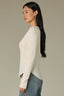Ecru Long Shirred Sleeve Deep V-Neck Lace Detail Ribbed Rounded Shirttail Hem Lettuce Edge Knit Top