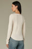 Ecru Long Shirred Sleeve Deep V-Neck Lace Detail Ribbed Rounded Shirttail Hem Lettuce Edge Knit Top