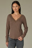 Oyster Mushroom Long Shirred Sleeve Deep V-Neck Lace Detail Ribbed Rounded Shirttail Hem Lettuce Edge Knit Top