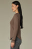 Oyster Mushroom Long Shirred Sleeve Deep V-Neck Lace Detail Ribbed Rounded Shirttail Hem Lettuce Edge Knit Top