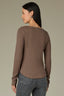 Oyster Mushroom Long Shirred Sleeve Deep V-Neck Lace Detail Ribbed Rounded Shirttail Hem Lettuce Edge Knit Top