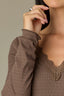 Oyster Mushroom Long Shirred Sleeve Deep V-Neck Lace Detail Ribbed Rounded Shirttail Hem Lettuce Edge Knit Top