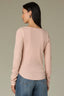 Rose Smoke Long Shirred Sleeve Deep V-Neck Lace Detail Ribbed Rounded Shirttail Hem Lettuce Edge Knit Top