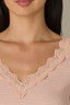 Rose Smoke Long Shirred Sleeve Deep V-Neck Lace Detail Ribbed Rounded Shirttail Hem Lettuce Edge Knit Top