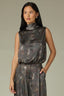 Sleeveless Cowl Mock Neck Keyhole Back Abstract Print Woven Top
