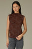 Chocolate Truffle Sleeveless Cinched Armholes Mock Neck Textured Design Shirttail Hem Knit Top