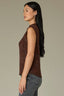 Chocolate Truffle Sleeveless Cinched Armholes Mock Neck Textured Design Shirttail Hem Knit Top
