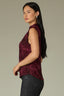 Maroon Sleeveless Cinched Armholes Mock Neck Textured Design Shirttail Hem Knit Top