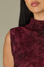 Maroon Sleeveless Cinched Armholes Mock Neck Textured Design Shirttail Hem Knit Top