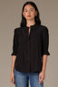 Black Puff Elbow Scallop Sleeve Ruffle Stand Collar Neck Button Down Crochet Placket Pleated Yoke Woven Top  