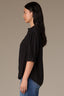 Black Puff Elbow Scallop Sleeve Ruffle Stand Collar Neck Button Down Crochet Placket Pleated Yoke Woven Top  