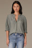 Deep Seagrass Puff Elbow Scallop Sleeve Ruffle Stand Collar Neck Button Down Crochet Placket Pleated Yoke Woven Top 