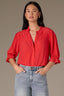 Poppy Red Puff Elbow Scallop Sleeve Ruffle Stand Collar Neck Button Down Crochet Placket Pleated Yoke Woven Top 