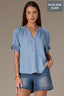 Light Blue Short Half Cinched Raglan Sleeve Embroidered Overlap V-Placket Stand Collar Split V-Neck Smock Plus Size Woven Top