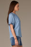 Light Blue Short Half Cinched Raglan Sleeve Embroidered Overlap V-Placket Stand Collar Split V-Neck Smock Plus Size Woven Top