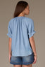 Light Blue Short Half Cinched Raglan Sleeve Embroidered Overlap V-Placket Stand Collar Split V-Neck Smock Plus Size Woven Top