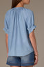 Light Blue Short Half Cinched Raglan Sleeve Embroidered Overlap V-Placket Stand Collar Split V-Neck Smock Plus Size Woven Top