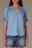Light Blue Short Half Cinched Raglan Sleeve Embroidered Overlap V-Placket Stand Collar Split V-Neck Smock Plus Size Woven Top