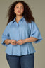 Light Blue Raglan Below Elbow Bubble Sleeve Collar Neck Button Down Seaming Dart Peplum Hem Lyocell Plus Size Woven Top