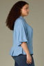 Light Blue Raglan Below Elbow Bubble Sleeve Collar Neck Button Down Seaming Dart Peplum Hem Lyocell Plus Size Woven Top