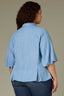 Light Blue Raglan Below Elbow Bubble Sleeve Collar Neck Button Down Seaming Dart Peplum Hem Lyocell Plus Size Woven Top