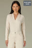 Ecru Long Sleeve Shawl V-Neck Shirring Detail Straight Hem Plus Size Knit Top