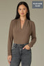 Oyster Mushroom Long Sleeve Shawl V-Neck Shirring Detail Straight Hem Plus Size Knit Top
