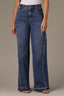 Mid Blue Skyrise Diagonal Fray Panel Acid Wash Released Hem Strings Broken Yoke Wide Leg Contour Shape Technology Jean