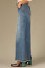 Mid Blue Artisanal Denim Contour Shape Technology Skyrise Round Up Yoke Front Center Seam Fray Hem Wider Leg Jean