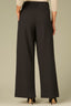 Black Woven Contour Shape Technology Skyrise Double Hook Button Zip Closure Side Pockets Faux Back Pockets Overlap Pleats Back Slit Hem Wide Leg Trouser