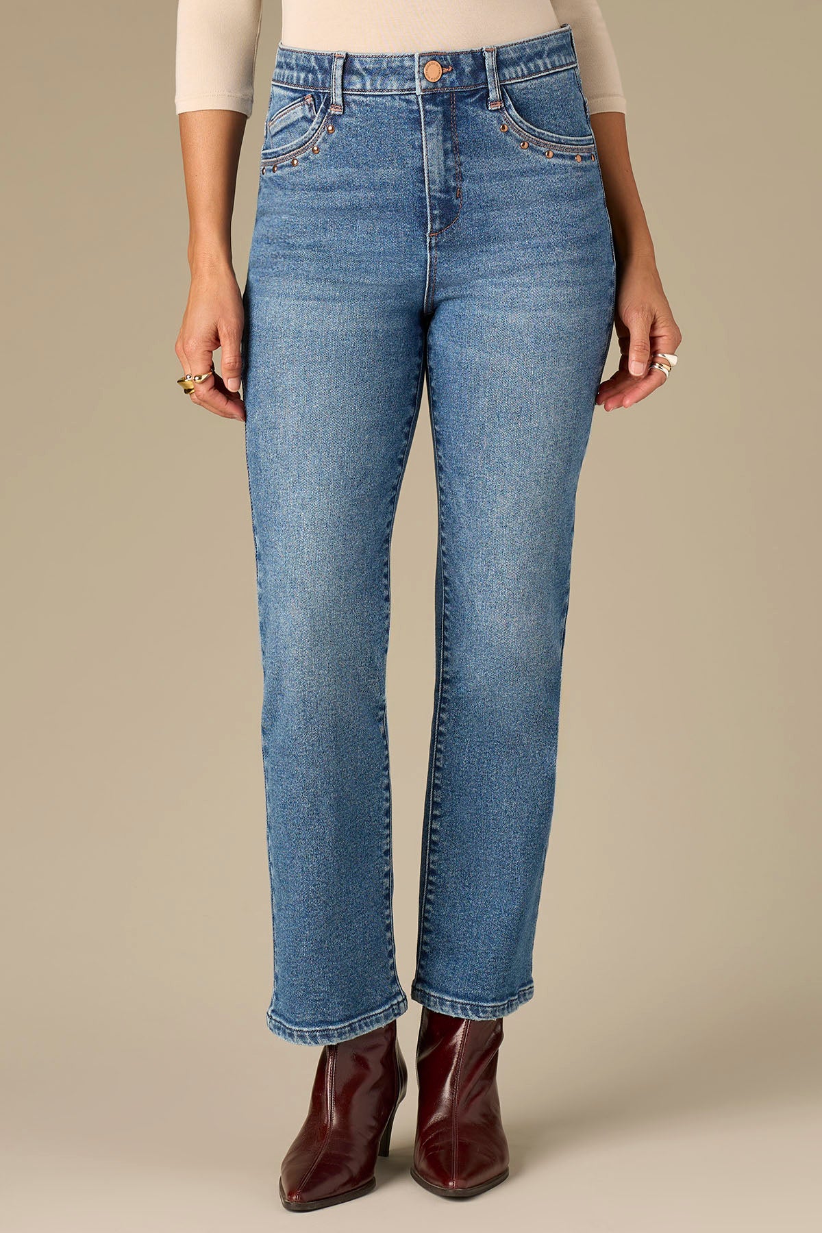 Skyrise V-Yoke Bennett Barely Boot Petite Jeans with Studs