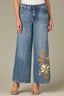 Mid Blue Artisanal Denim Contour Shape Technology High Rise Drawstring Waist Floral Applique Wide Leg Jean